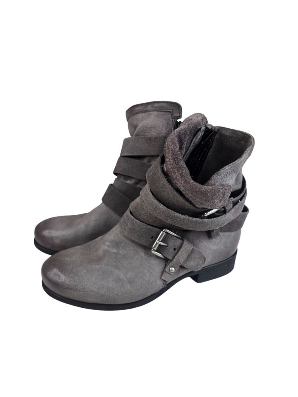 Miz Mooz Gray Strappy Shane Ankle Boots Womens Size 7.5 EU 38 Wide Leather